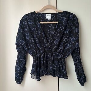 MISA Los Angeles Kesara Top XS Navy Floral Peplum Blouse NWOT Cropped